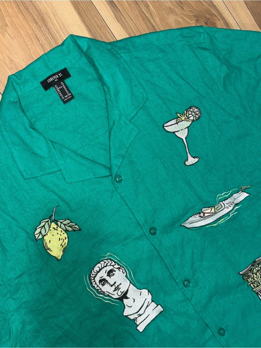 Drinks! Forever 21 men Button Up Polo Shirt sz XL Green Preppy Yacht Embroidery